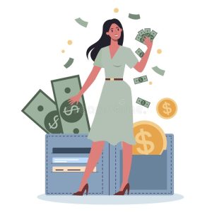 business-person-money-happy-successfull-woman-bag-sitting-standing-near-banknotes-coin-financial-well-being-187985498